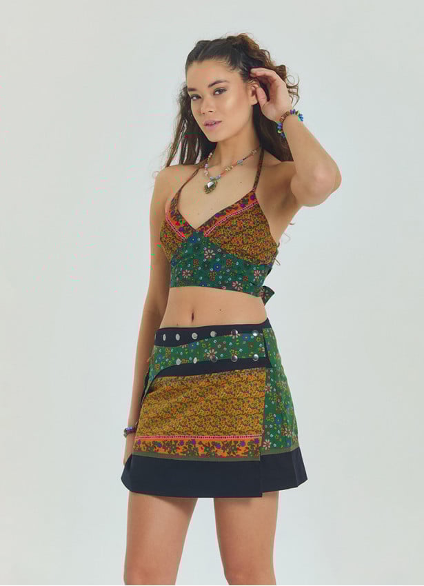 Snap Front Pocket Patchwork Wrap Green Floral Skirt 4685